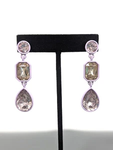 Boho Coastal Purple Enamel Crystal Teardrop Stacked Drop Pierced Long Earrings - Picture 1 of 8