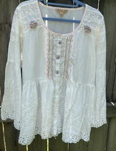 APRIL CORNELL Cotton Long Sleeve Blouse Romantic Edwardian Lace Embroidery Med - Picture 1 of 16