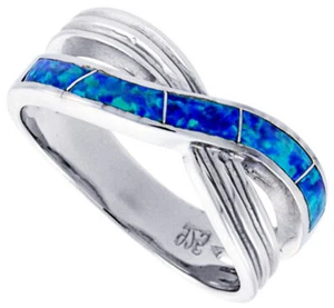 Fine Women Silver Rhodium Plated, Simulated Opal Inlay Crisscross Ring 8mm - Picture 1 of 1