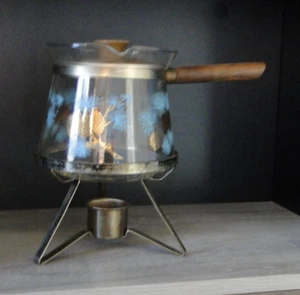 Libbey 1960's David Douglas Turquoise & Gold Pinecone Glass Pan w/ Lid & Stand - Picture 1 of 5