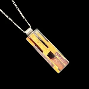 Collar Colgante Modernista con Incrustación de Ámbar Báltico Plata de Ley 925 Abstracto MCM - Imagen 1 de 6