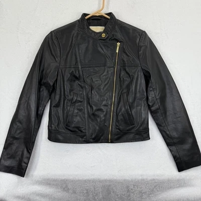 Chaqueta de moto Michael Kors de cuero negra para mujer talla M cremallera asimétrica Foto 1 de 4