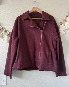 Ann Taylor Faux Suede Moto Casual Zip Urban Knit Sweater Jacket Maroon Modest XL - Picture 1 of 9