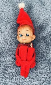 Vintage Japan Napco Elfe Knie Umarmung Pixie weiches Kunststoff Gesicht 3" Weihnachten 3J - Bild 1 von 7