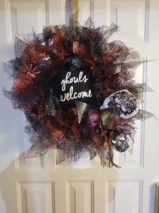 Halloween Themed Wreath Welcome Gouls With Spiders And Skelliton Ribbon Made... - Picture 1 of 6