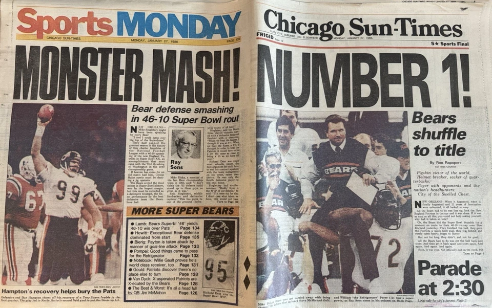 Bears Super Bowl 1986 periódicos originales - Chicago Sun Times & Tribune Foto 1 de 2