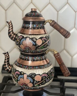 Tetera de cobre macizo, juego de tetera de cobre pesado hecha a mano turca, tetera Foto 1 de 4
