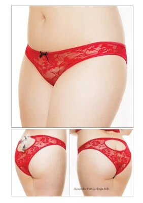 Queen Size Christmas Crotchless Panty Open Rear Removable Jingle Bells Puff - Image 1 of 4