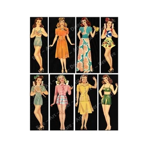 Paper Doll Illustrations, Vintage Paper Doll Figures, CUT & PEEL STICKER SHEET - Picture 1 of 1