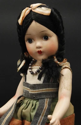 Rare 13" Antique Composition Mexican Girl Doll Black Thread Hair 1930 Jointed - Image 1 of 4