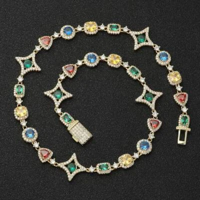 Hip Hop Men Women Necklace Gold Plated Colorful CZ Diamond Chain Bracelet Gift - Image 1 of 4