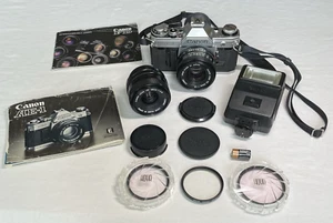 Canon AE-1 analoge Spiegelreflexkamera 35 mm mit 2 Objektiven FD 50 mm & FD 28 mm Blitz BESCHREIBUNG LESEN - Bild 1 von 24