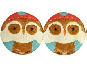 Autumn Thanksgiving Ceramic Owl 7.5" Salad Dessert Plates Hand Painted TWO NEW - Picture 1 of 1
