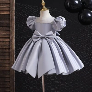 Girls Elegant Puff Sleeve High Waist Simple Retro Dress Kids Princess Dresses - Picture 1 of 26