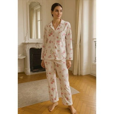 Ralph Lauren Fleece Pajama Set Womens Sm Floral Rose White Pink Romantic Cottage - Image 1 of 4