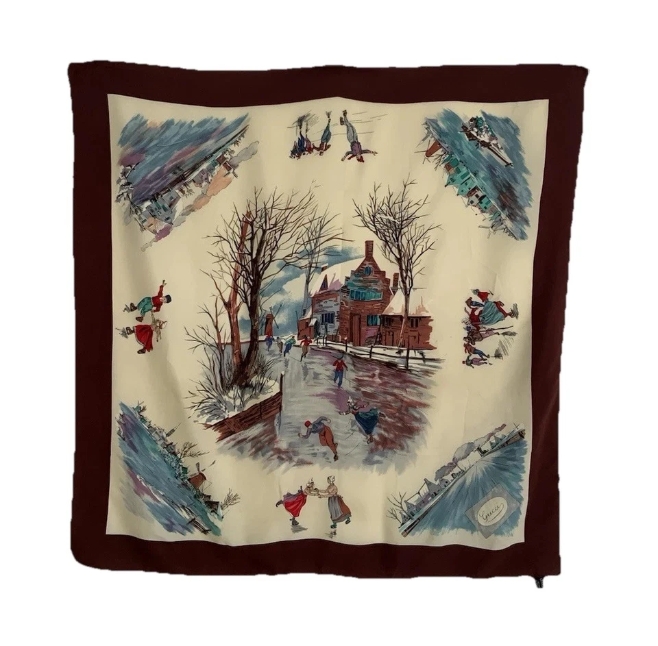 GUCCI silk Brown Scarf W/A Scenic Pattern Featuring The Winter,HandRolled35”/34” - Image 1 of 4