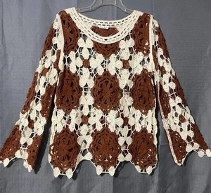 Crocheted Top Cream Brown Flare Sleeve Festival Boho Vacation Size L Kings Road - Picture 1 of 16