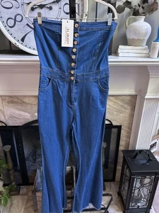 JUMP strapless indigo blue denim cotton blend flare leg jumpsuit - M medium - Picture 1 of 10
