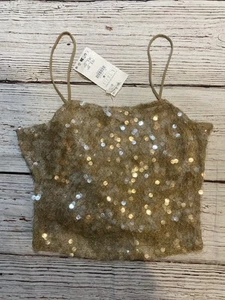 ZARA Women’s Gold Chunky Iridescent Sequin Tank Top Partially Sheer Sz M NEW - Picture 1 of 10