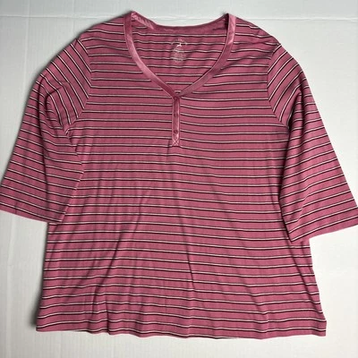 Camisa para mujer White Stag 2X cuello en V rayas rosa rojo blanco manga 3/4 algodón Foto 1 de 4