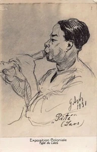 Laos - Musician playing the flute - Colonial Exhibition of 1931 - Picture 1 of 2