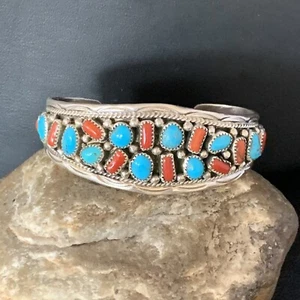 Brazalete Navajo Plata Esterlina Kingman Turquesa Coral Estampilla 14218 - Imagen 1 de 12