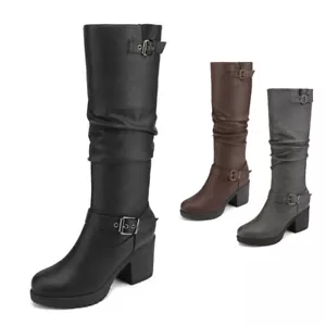 Women's Faux Fur Knee High Low Chunky Heel Zip Winter Riding Boots Size 5-11 US - Picture 1 of 11