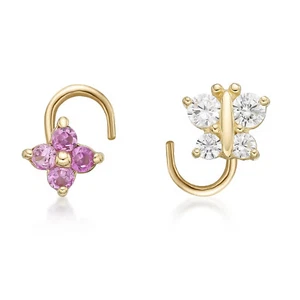 22 Gauge 14K Yellow Gold Curved Screw Nose Ring with White Butterfly Pink Flower - Picture 1 of 8