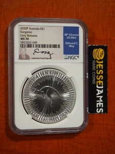 2020 P $1 AUSTRALIA SILVER KANGAROO NGC MS70 EARLY RELEASES EDMUND MOY SIGNED - Picture 1 of 2