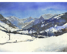 Swiss Alps watercolor landscape.  Watercolor of snow covered mountains (print)