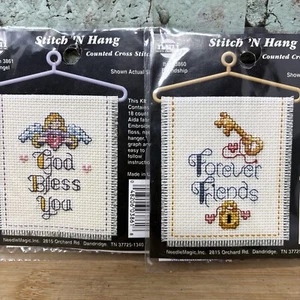 Lot -2 Stitch 'N Hang Counted Cross Stitch Kit FOREVER FRIENDS & GOD BLESS YOU - Picture 1 of 5