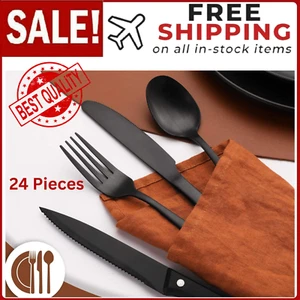24-Piece Matte Black Silverware Set, Stainless Steel Flatware Cutlery, Kitchen - Picture 1 of 24