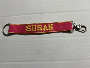 Susan Embroidered Name Strap Key Rings Keychains with Clasp pink and yellow - Picture 1 of 3