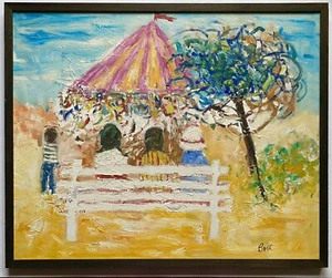 Pintura al óleo modernista vintage años 70 expresionismo feria carnaval alegre vuelta - Imagen 1 de 24