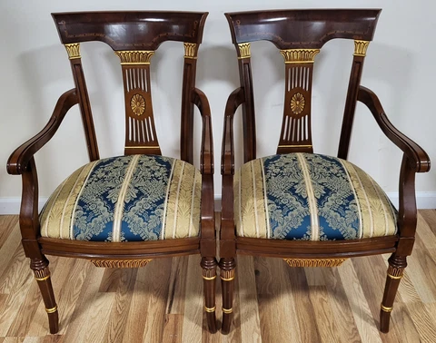 Pair Vintage 20th C ENGLISH Carved & Gilt REGENCY Style Chairs Cover