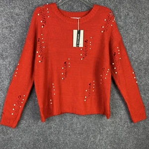Breakout Knitwear Sweater NWT Women M Red Factory Destroyed Pearl Embellished - Picture 1 of 12