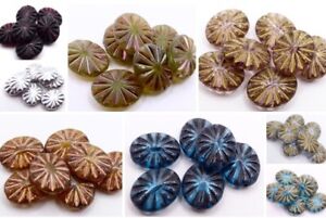 14MM CZECH PRESSED GLASS OVAL FLAT FLOWER DISC TEXTURED SPACER BEADS - (10PCS)
