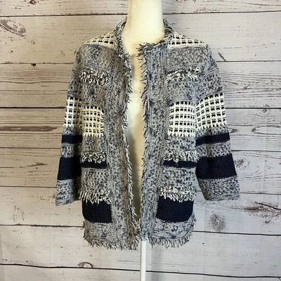 Suéter Chicos Mujer Talla 3 XL Azul Marino Detalle Flecos Texturizado Cárdigan Crochet Foto 1 de 4