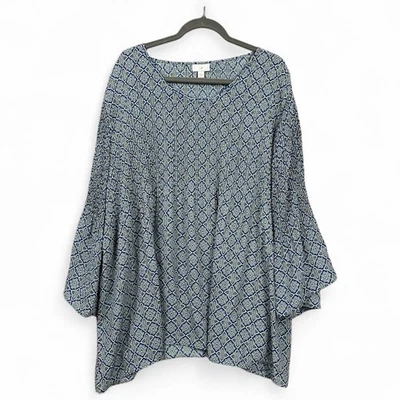 Blusa Floral J. Jill Talla 3x Azul Geométrica Manga Campana Plisada Carrera Ropa de Trabajo Foto 1 de 4