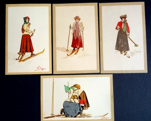 women skiing illustrated postcards lot of 4 Swiss signed art - Bild 1 von 6