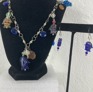 Glass Fish Bead Pullover Necklace With Matching Earrings Set Blue Gold Sparkle - Picture 1 of 14