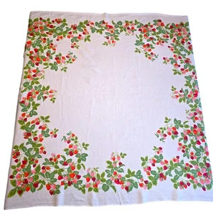 Vintage Strawberry Print Tablecloth 47x48 Fruit Floral Kitchen Garden Tea Cutter - Picture 1 of 12