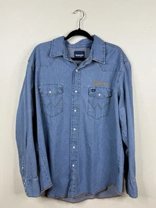 Wrangler Denim Shirt Mens XL Blue Pearl Snap Western Andrew’s Distributing Beer - Picture 1 of 5
