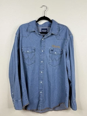 Wrangler Denim Shirt Mens XL Blue Pearl Snap Western Andrew’s Distributing Beer - Image 1 of 4