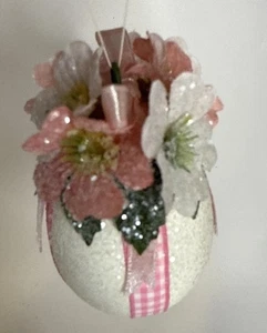 Flor de huevo de Pascua vintage con tapa brillante con cinta rosa y blanca - Imagen 1 de 7