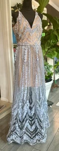 DRESS the POPULATION Nude Lining 3D Floral Sheer Lace Long Sz L - Picture 1 of 8