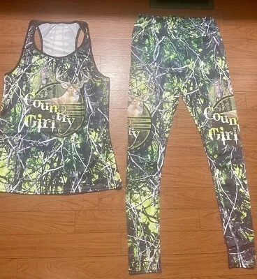 *NEW* Country Girl L Green Camo Seamless Yoga Casual Top+Leggings Set ~👀~ - Image 1 of 4