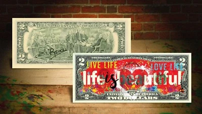 LIFE IS BEAUTIFUL Red Heart Genuine $2 U.S. Bill - HAND-SIGNED by Rency ART  - Image 1 of 3