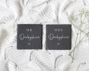 Personalised Mr & Mrs Slate Coaster Set | Mr - Mr | Mrs - Mrs | Wedding Gift | A - Picture 1 of 2