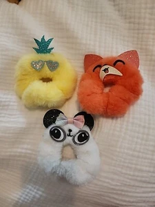 Claire's Unicorn Cat Panda And Pineapple Fluffy Soft Scrunchies Lot Of 3 - Picture 1 of 4